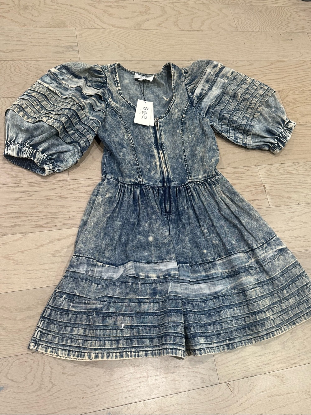 NWT See New York Puff-Sleeve Acid Wash Mini Dress in Blue